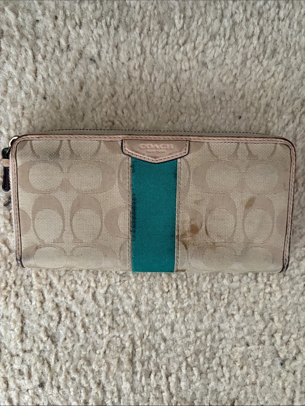 Coach Beige Signature Wallet with Teal Center Stripe